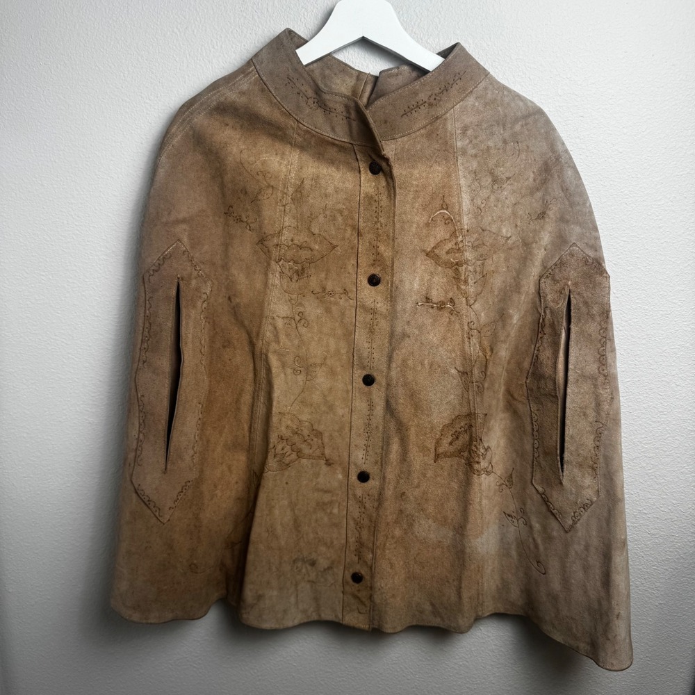 Vintage Suede Leather Cape Poncho M/L Tan Floral Embroidered Button Up Unbranded